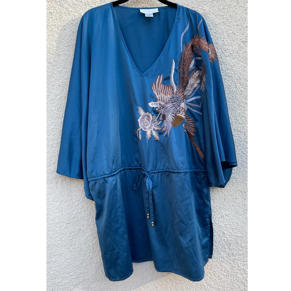 Soft Surroundings Blue Satin Embroidered Kimono Tunic L